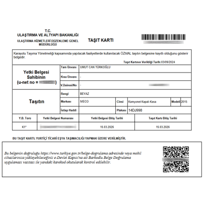 Oto Kurtarma ve Çekici Hizmet Belgesi